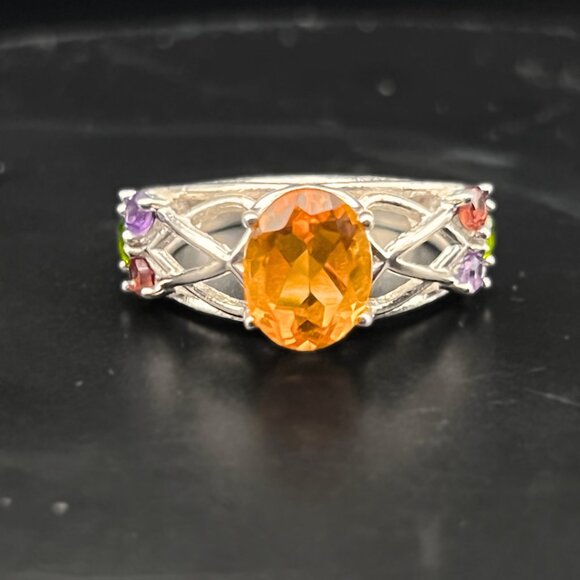 Citrine, Garnest, Amethyst and Emerald Ring Sterling Silver Ring Size 7 Stamped - Picture 2 of 9
